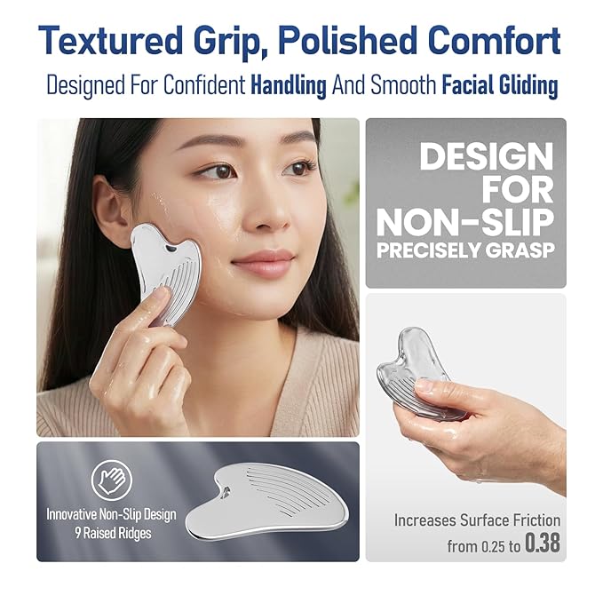 Gua Sha Facial Tools & Face Roller Set, Stainless Steel Facial Massager Tools for Lymphatic Drainage & Face Sculpting, Textured Guasha for Better Grip, Double Chin Reducer, Skincare Gift for Women