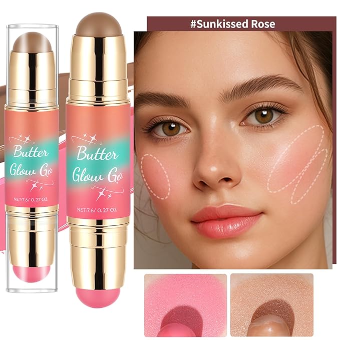 Dual-Ended Blush and Bronzer Stick – 2-in-1 Creamy Face Cheeks Contour Makeup, Smooth Hydrating Formula, Buildable Color for Natural Radiant Glow Beauty For Women (Sunkissed Rose)