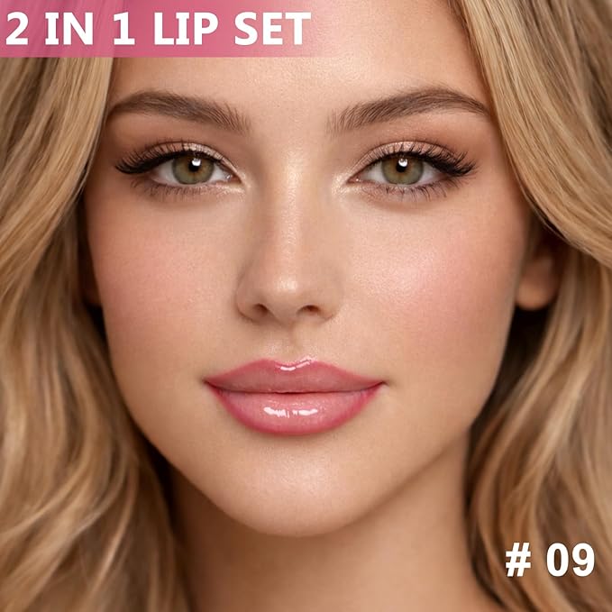 Jutqut Pink Lip Liner and Gloss Lip Kit, Waterproof Long-Lasting Combo Set with Matte Lip Liner Pencil and Non-Sticky Pluming Tinted Gloss, Highly Pigmented Lipliner Set for Women (09 Pink)