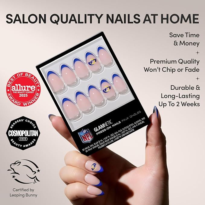 Glamnetic x Fanatics Press On Nails - Los Angeles Rams | Short Almond Fake Nails, NFL Rams Blue French Tips, Football Nails, Salon-Quality | 15 Sizes - 30 Nail Kit with Glue