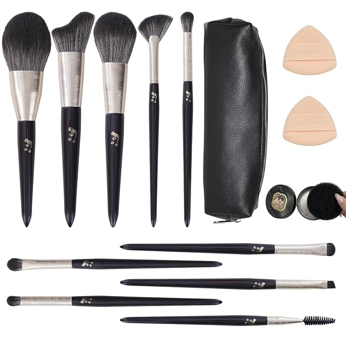 10-Piece Professional Makeup Brush Set with Powder, Contour, Blush, Eyeshadow & Brow Brushes – Includes 2 Premium Beauty Sponges and 1 Dry Cleaning Brush Box for Easy On-the-Go Makeup Application