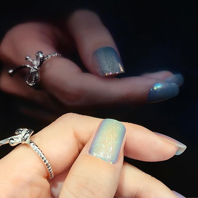 Okiyomi White Press on Nails - Iridescent Snow Cat Eye Press on Nails | Magnetic Pearl Sparkle with UV Finish - Short Ballerina Squoval - 15 Sizes - 30 Soft Gel Fake Nails with Glue and Stick On Tabs