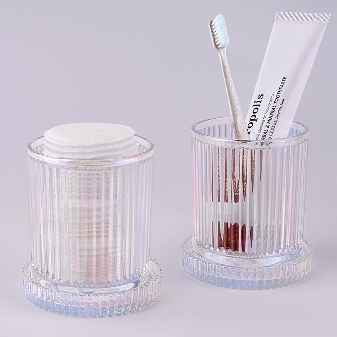 MKOSAB 2 Pack Qtip Holder - Apothecary Jars with Lids, Bathroom Organizers and Storage Canister for Cotton Balls,Swabs,Floss Picks,Hair Ties,Clear Glass Vintage Bathroom Decor Jar Set (Iridescent)