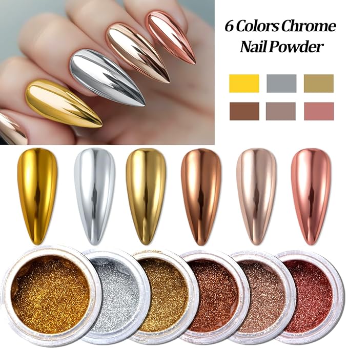 SUTOZMIWE Chrome Nail Powder Metallic Gold And Silver, Magic Mirror Effect Pigment Glitter Rubbing Dust, 3D Carving Nail Molding Gel & Holographic Dip Nail Powder Kit for Nail Decor Home Manicure DIY