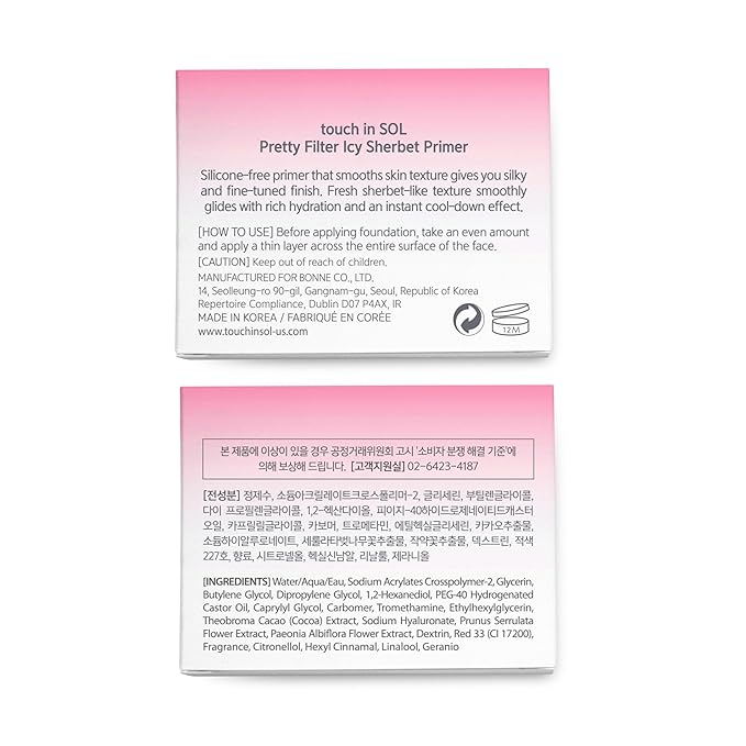 TOUCH IN SOL Icy Sherbet Primer 1.05 fl.oz. - Hydrating Primer Face Makeup for Dry or Oily Skin - Silk Pore and Wrinkle Minimizer - Silicone and Oil Free Gel Formula with Cooling Effect