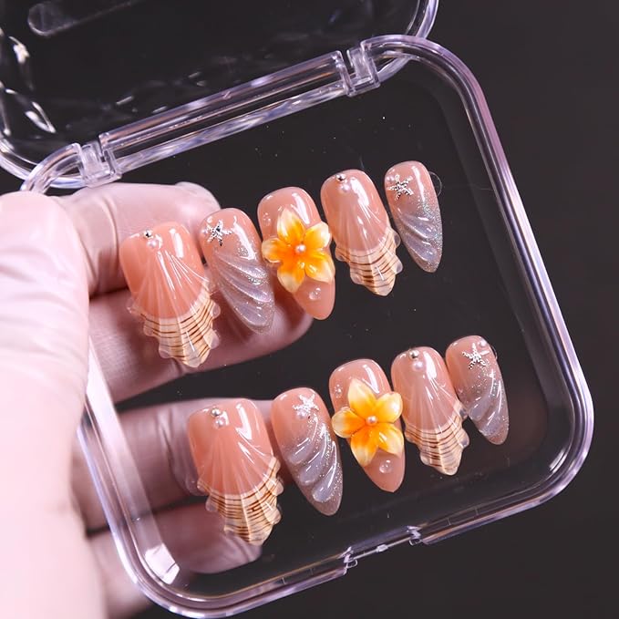 Medium size Women Press On Nails - Medium Almond False Nails 10Pcs Luxury Handmade 3D Painting Art ABS Acrylic Artificial Fingernails-M-size
