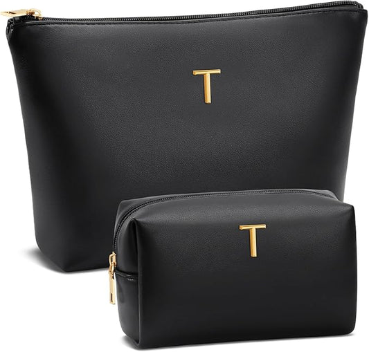 Women Gifts | Initial Makeup Bag Set for Girl Personalized Gifts for Bridesmaid Friend Graduation Teachers PU Leather Cosmetic Travel Toiletry Bag(Black,T)