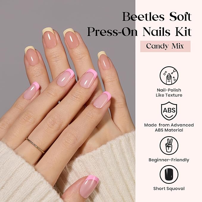 Beetles Press On Nails Kit - Candy Mix | 720Pcs 24 Colors Short Square Press On Nails | 15 Sizes French Glossy Glitter With Nail Glue & Nail Tabs Stickers, Fake Nails Kit Art For Women