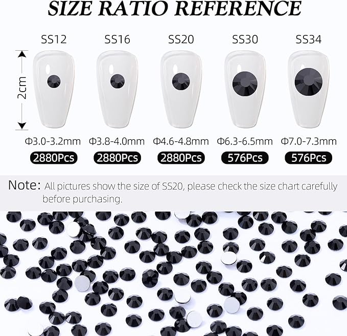 Meibite Black Flatback Rhinestones, Glass Rhinestones for Nail Art and Craft, Glue Fix, Loose Crystal Gemstones(Black, SS34, 576pcs, 7.1-7.3mm)