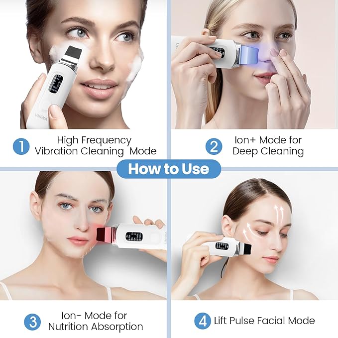 UNIWA Skin Scrubber Face Spatula, Ultrasonic Skin Scrubber Skin Spatula Pore Cleaner Blackhead Remover Tool for Facial Deep Cleansing-4 Modes, with LCD Display, IPX6 Waterproof - White