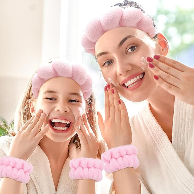 Spa Headband for Washing Face Wristband Set Sponge Makeup Skin Care Terry Cloth Bubble Soft Get Ready Hairband Women Girls Puffy Padded Headwear Non Slip Thick Hair Accessory (Pink)