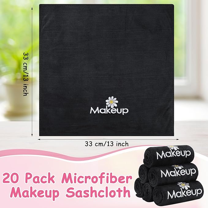 Shimeyao 20 Pack Makeup Towels Black Makeup Washcloths for Face Microfiber Remover Cloth 13x13 Inch Daisy Quick Dry Face Towels for Cleansing Hand