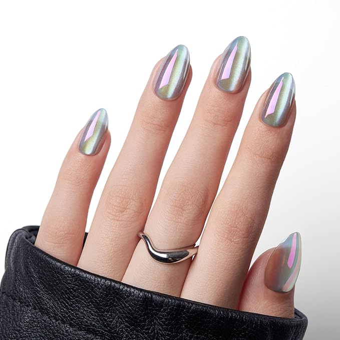 VSALON Press on Nails Short Almond - Holographic Chrome Cat Eye Nails Kit for Women, Reusable Aurora Effect Transparent Soft Gel Fake Nails with Glue - 32 PCS Stick On Nails in 16 Sizes