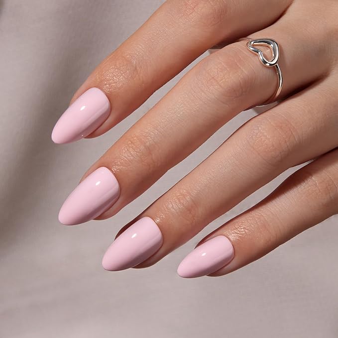 VSALON Press on Nails Short Almond - Pastel Baby Pink Fake Nails Kit for Women, Reusable Solid Opaque Soft Gel Glue on Nails with Glue, Protector Cuticle Oil - 32 PCS Stick on Nails in 16 Sizes