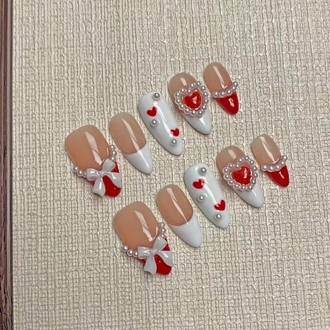 Press On Nails Medium Almond Shape - 3D Handmade Acrylic Gel Fake Nails with Glitter Designs, Reusable Thick Almond Nails for Women DIY Manicure Kit (10PCS, L Size, Easy Application)