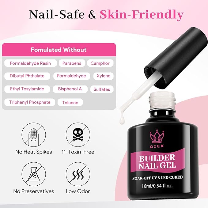 QIEK Builder Nail Gel, Milky White Builder for Nails Strengthener, 8-in-One Apex Enhancement Extension Hard Building Color Gel LED Lamp Cured Rubber Base Coat for DIY Beginners & Salon Manicure 16ML