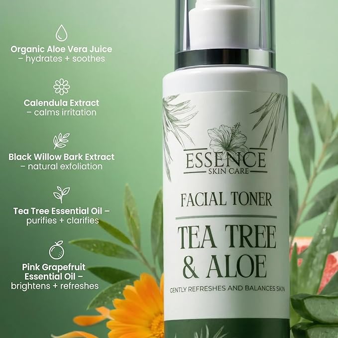 Essence Skin Care Tea Tree & Aloe Facial Toner, Hydrating Mist with Calendula Extract, Black Willow Bark, Salicylic Acid, Refreshing Spray for Balanced Skin, Pore Refining, Lightweight Formula