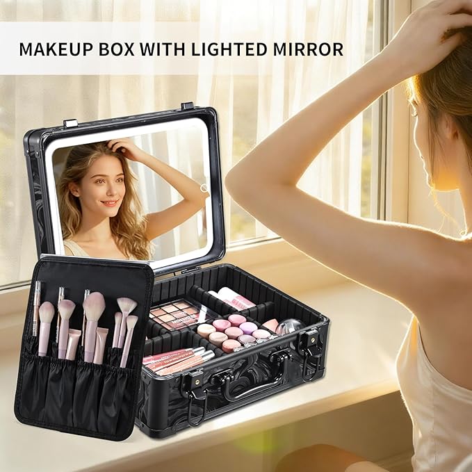Makeup Bag with LED Mirror - Black Fluid-Color Makeup Box with Detachable Lighted Mirror, Travel Cosmetic Train Case Organizer with Adjustable Dividers and Tool Panel for Brushes