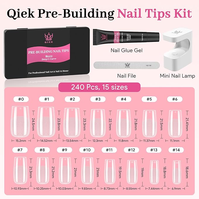 Qiek Medium Square Pre-Building Nail Tips Kit, 15 Sizes 240 PCS Pre-shaped Apex Clear Thick Extensions Tip Soft Half Matte Press On Fake Nails Glue Gel Nail Lamp for DIY Beginners & Salon Manicure