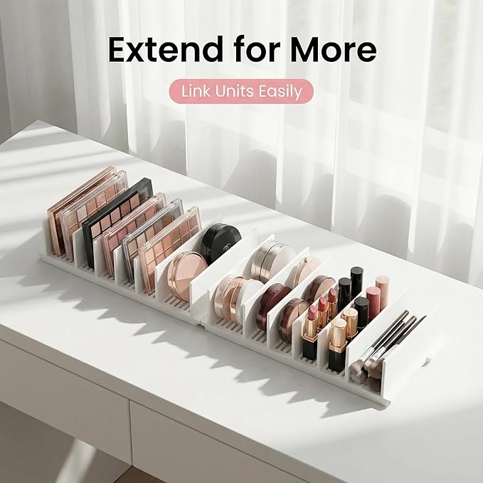 Oufiin Adjustable Makeup Organizer with Movable Dividers, Acrylic Cosmetic Storage Display Case for Eyeshadow Palettes, Lipsticks, Desktop or Drawer Organization (White)