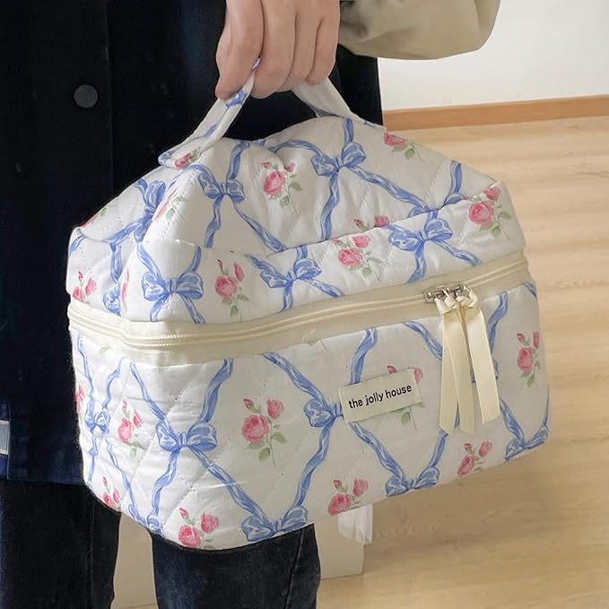 Cute Makeup Bag Aesthetic Floral Quilted Cotton Cosmetic Bag Travel Organizer Toiletry Pouch 3 Pack Set (01Blue Bow)