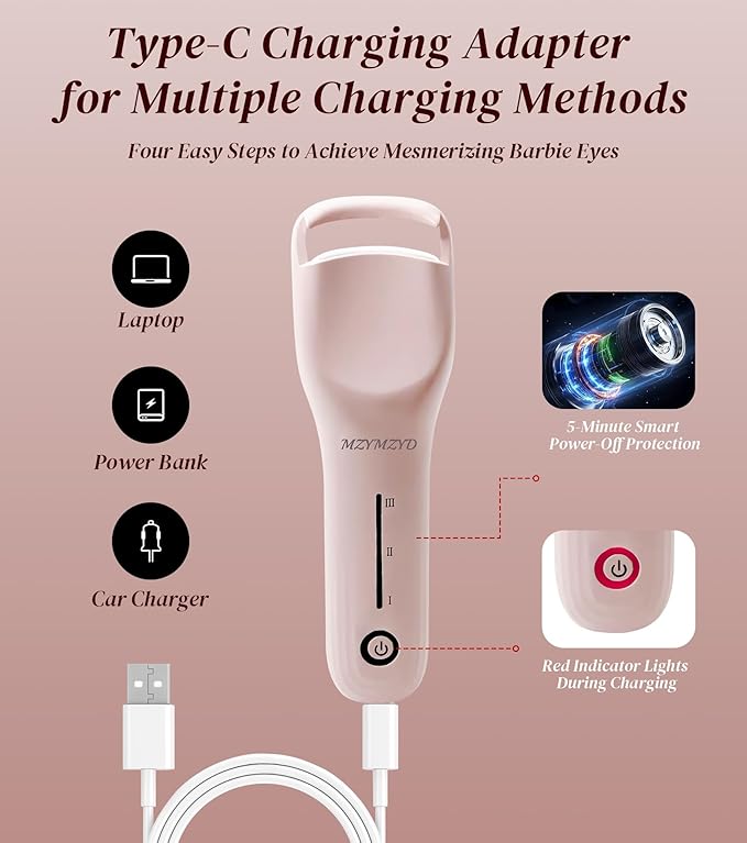 MZYMZYD Heated Eyelash Curler, Eyelash Curlers with 3 Temp Settings, 10S Quick Heat-Up, 24H Long-Lasting Natural Curl, Type-C Recharge, Mini Electric Eyelash Curler for Women - Pink
