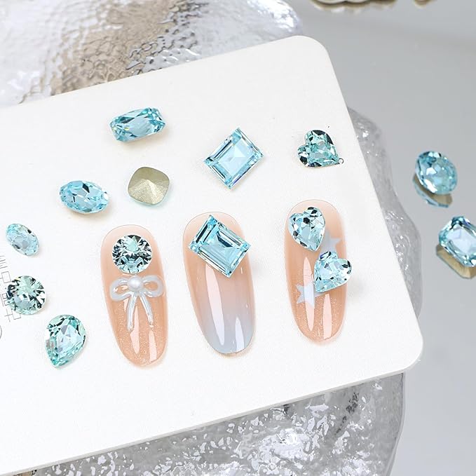 DONGZHOU 72pcs Mix Shape Nail Art Rhinestone,7 Styles Glass Nail Rhinestones Pointback Nail Gems Shiny 3D Nail Charms for Nail DIY Decorations Crafts,Aquamarine