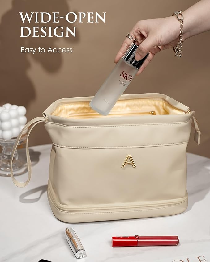 Girlfriend Gifts: Personalized Makeup Bag, Initial Double Layer Cosmetic Bag with Makeup Brush Organizer, PU Leather Travel Toiletry Bag for Women, Her Friend, Sister, Mom