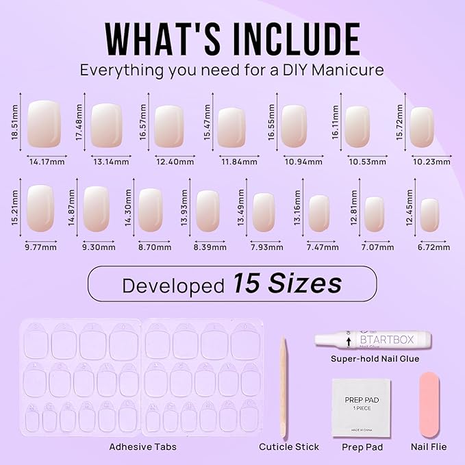 BTArtbox Square Ombre Press On Nails -Soft Gel Press On Nails Short with Nail Glue, 15 Sizes - 30 Reusable Fake Nails Kit, Vanilla Cream