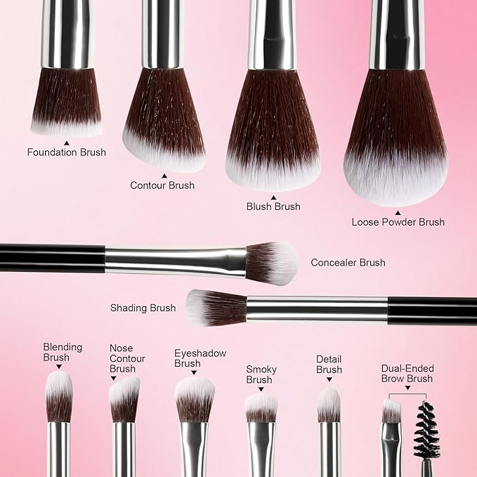 Makeup Brush Set, 12 Pieces Makeup Brushes,Travel Brushes in Black For Foundation, Concealer, Powder Eyeshadow Ideal for Students &Beginners
