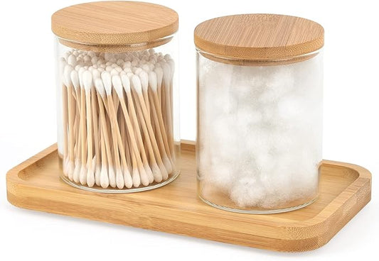 BKYFPQ Bamboo Vanity Tray, Bathroom Tray Organizer Glass Qtip Holder Dispenser Apothecary Jars for Cotton Swabs Balls, Round Pad, Perfume Candles, Cosmetics and Jewelry Storage Organizer