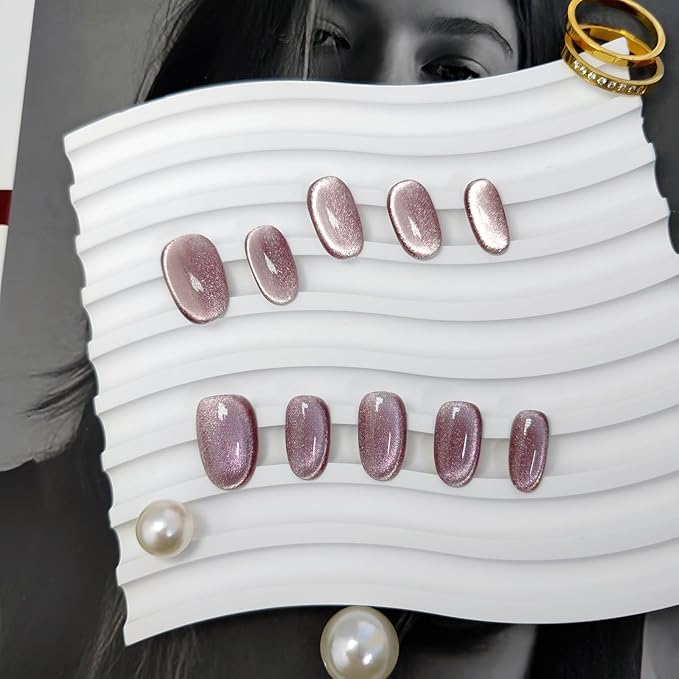 Cat Eye Press on Nails Handmade Short Oval/Square/Round False Nails with French Tip/Aurora/Magnetic Shimmer Designs (Side#Sunshine Lily L)