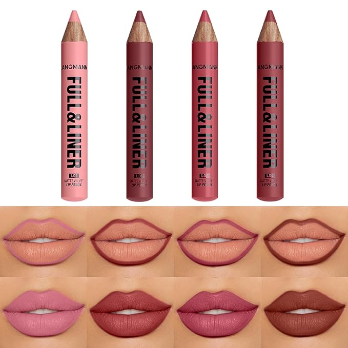 LANGMANNI 4Pcs Matte Velvet Lip Liner Pencil Set - Highly Pigmented,Smudge-Resistant Lip Pencils for Shaping & Contouring,Vegan & Cruelty-Free(#1+2+3+4)