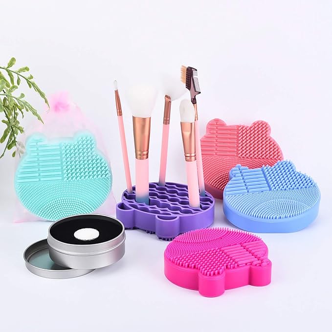 Silicon Makeup Brush Cleaner Mat with Brush Drying manual Make up brush cleaner cleanser machine Cosmetic Brush Cleaning Pad+Makeup Brush Dry Cleaned Quick Color Removal Sponge Scrubber Tool(Blue)