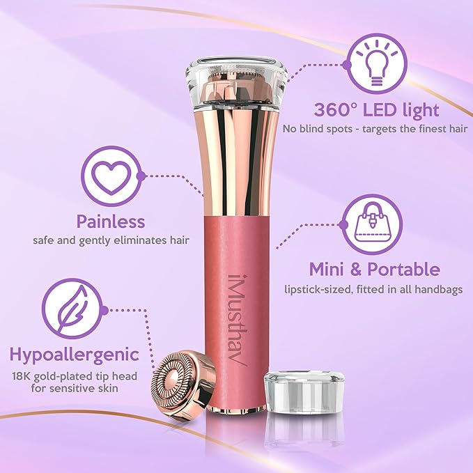 iMusthav Facial Hair Remover for Women – Painless 16mm Dual Ring Floating Head Blade, Portable, Electric Razor & Epilator for Flawless Face, Lips & Chin – with 18K Gold-Plated Head, 360° LED Light