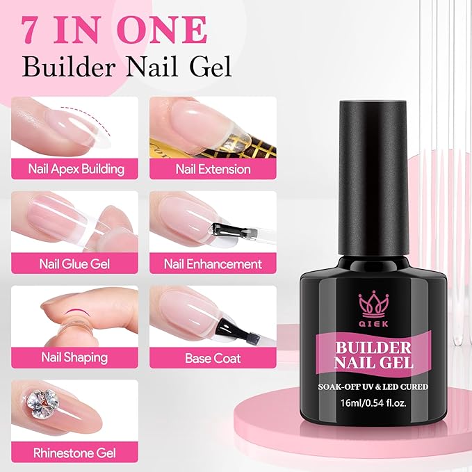 QIEK Builder Nail Gel, 7-in-One Builder for Nails Crystal Clear Strengthener Glue Apex Enhancement Extension Hard Building Gel LED Lamp Cured Rubber Base Coat for DIY Beginners& Salon Manicure 0.54 OZ