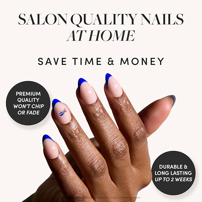 Glamnetic x Fanatics Press On Nails - Buffalo Bills | Short Almond Fake Nails, NFL Bills Blue French Tips, Football Nails, Salon-Quality | 15 Sizes - 30 Nail Kit with Glue