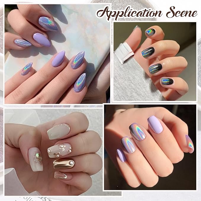 SUTOKAKA 4 Color Chrome Nail Powder Set Holographic Metallic Mirror Effect Nail Chrome Glitter Silver Copper Rose Gold Champane Glazed Donut Nail Dust Manicure Pigment for DIY Nail Art Design