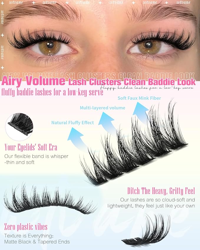 Wtvane Wispy Lash Clusters Fluffy Eyelash Cluster Natural 10-16MM Clusters Eyelash Extensions 200Pcs Fairy Lashes Clusters CD Curl Individual Lashes Cluster with Thin Band Natural Fluffy Look