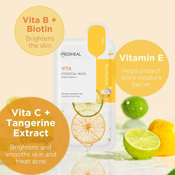 Mediheal Best Korean Sheet Mask - Vita Essential Face Mask 10 Sheets Vitamin Mask For All skin types Smoothing Tightening Toning up Brightening