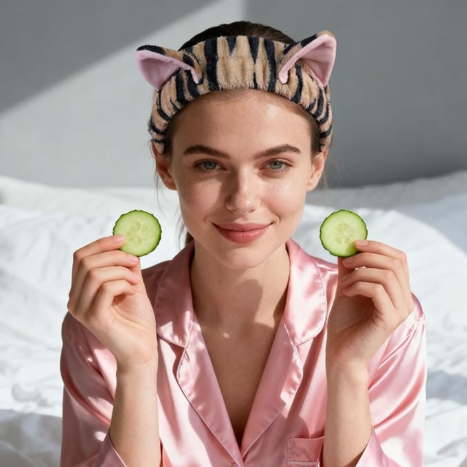 PERFECTSIGHT Kawaii Headband for Spa, Makeup, Washing Face, Party - 2 Pack Cute Hair Band for Shower Beauty Skincare, Soft Facial Headbands for Girls and Women, Black+Gray Cat Ear