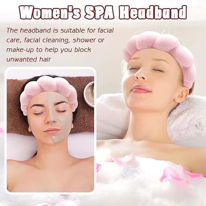 Spa Headband for Washing Face Wristband Set Sponge Makeup Skin Care Terry Cloth Bubble Soft Get Ready Hairband Women Girls Puffy Padded Headwear Non Slip Thick Hair Accessory (Blue Pink)