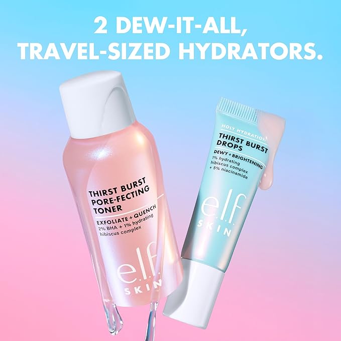e.l.f. Skin Thirst Burst Dew-O, Travel-Sized Skincare Set, Exfoliating Facial Toner & Hydrating Serum Drops, Gives Skin A Dewy, Bouncy Glow, Vegan & Cruelty-Free