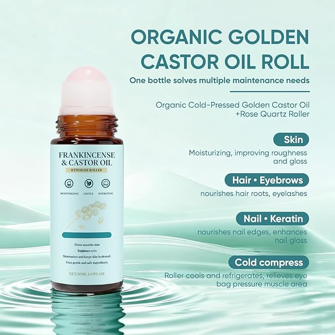 Frankincense and Castor Oil Rose Quartz Roller – Organic Cold-Pressed Castor Oil Roll-On with Removable Rose Quartz | Firms Smooths Skin, Suitable for Face, Neck, Abdomen, 50ML/1.7OZ (1)