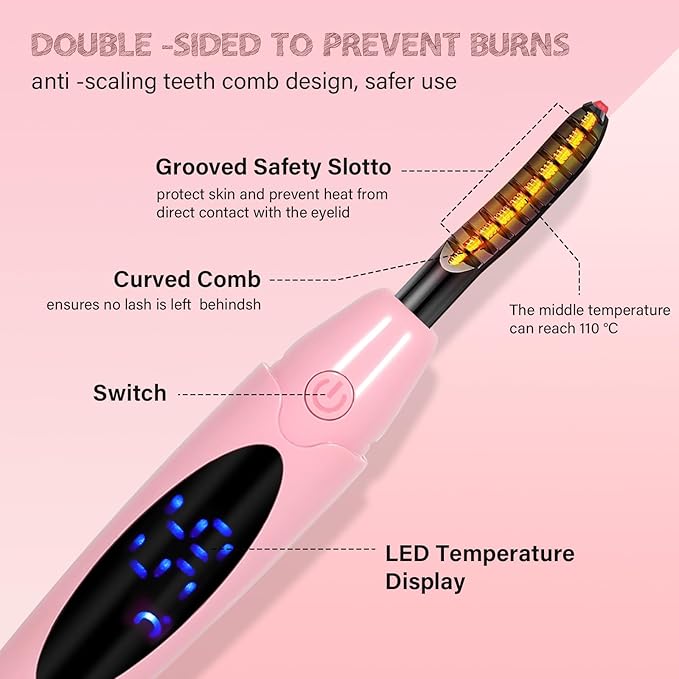 ShenlanBolt Heated Eyelash Curler for Women, Electric Lash Curler with 10s Fast Heating, 4 Adjustable Temp (65°C-95°C), 24H Curl, USB-C Rechargeable, Ergonomic Design, Travel-Friendly Makeup Tool Gift