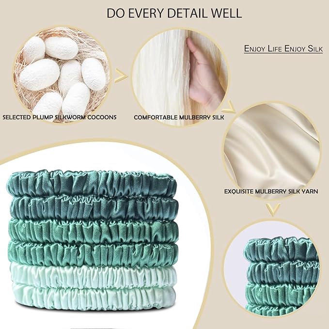 Suncdelv Silk,100% Silk Scrunchies for Hair,22 Momme Hair Ties for Anti-Crease & Breakage,Natural Women Hair Accessories，Fashion Hairbands 6PCS（Green Gradient）