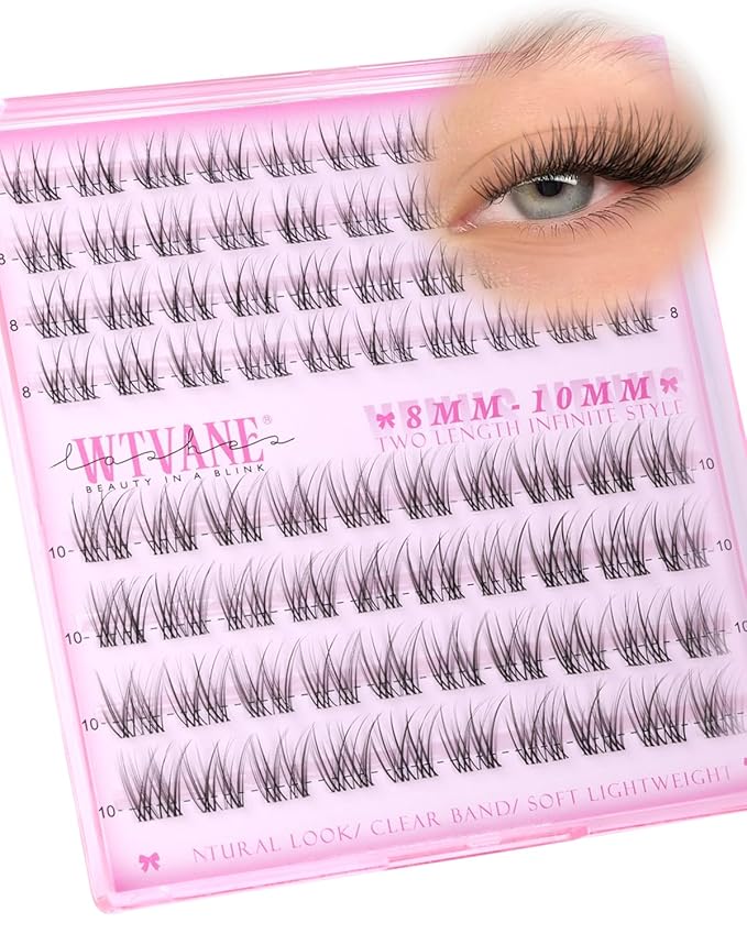 Wtvane Wispy Lash Clusters Natural Cluster Eyelash Extensions 8-10mm Short Lash Extensions Invisible Band Clusters Lashes C-Curly Individual Lashes Natural Look Lash Extensions Soft Band Daily Wear