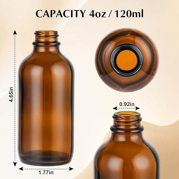 Exlvanto Small Glass Bottles with Lids Boston Round Shot Bottles for Health, Immunity, Ginger Juice, Essential Oils, Potion - Leak Proof Mini Travel Containers (Amber UV, 4oz-24Pack)