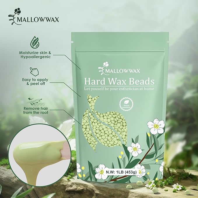Mallowwax Hard Wax Beads - Wax for Sensitive Skin Hair Removal - Tea Tree Wax Beads for Face, Underarms, Bikini, Legs