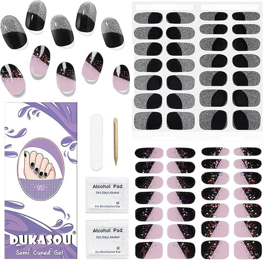 DUKASOU Semi Cured Gel Nail Strips, 56Pcs Nail Art Stickers/Wraps, Long Lasting UV Nail Polish Strips for Adults(Silver+Sequined Black)